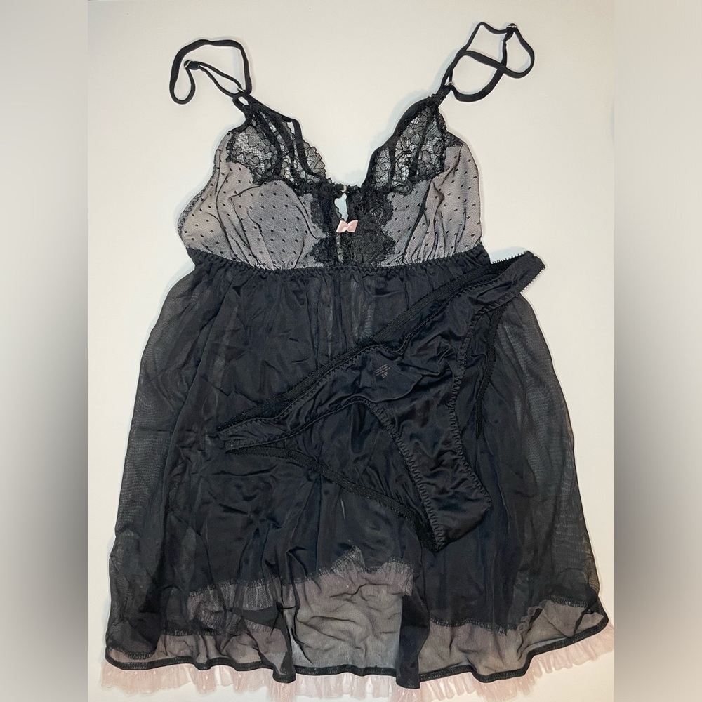 Victoria’s Secret Sheer Black Babydoll Negligee & Panties Set Lace Lingerie